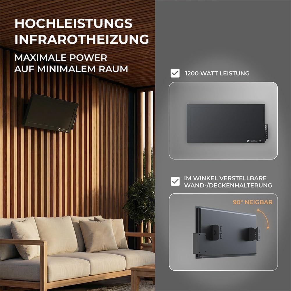BR Bringer Infrarot Hochleistungsheizung 1200 Watt - Kompakte Infrarotheizung 60×30cm mit integriert