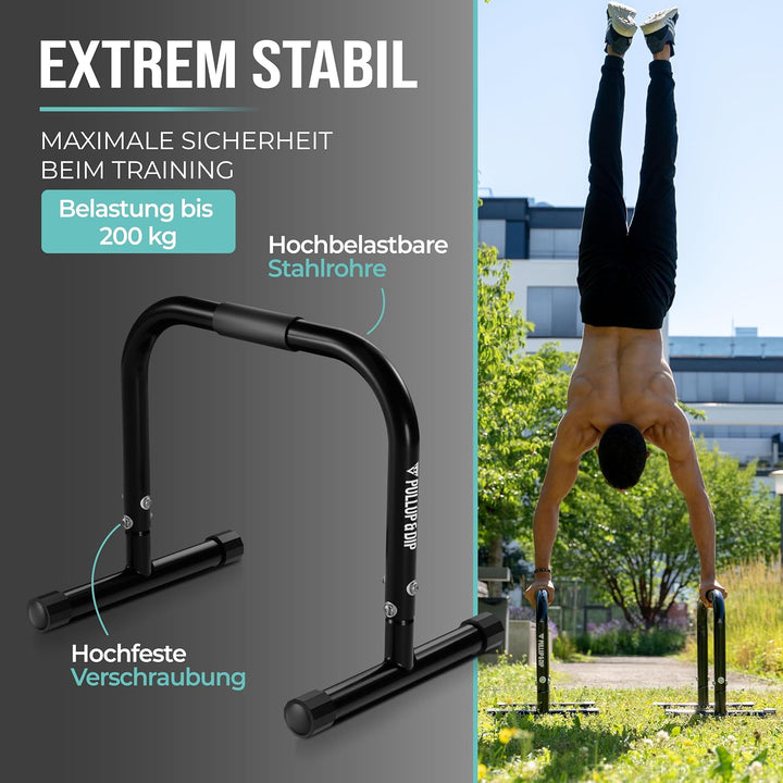 PULLUP & DIP Fitness Parallettes, Medium Minibarren aus Stahl, Handstand Barren mit extra breitem Gr