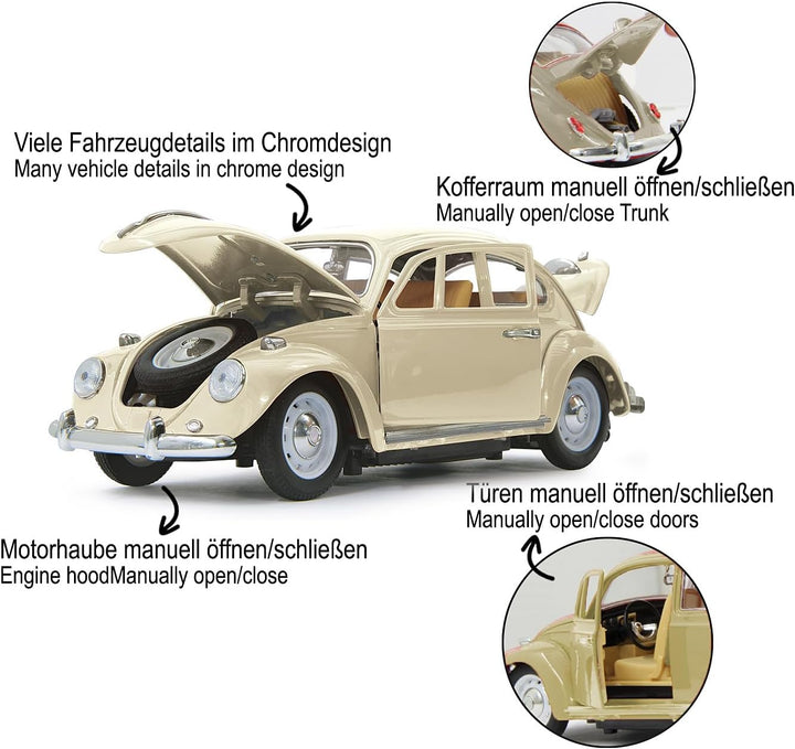 JAMARA 405111 - VW Käfer 1:18 RC Diecast 40MHz - Kultfahrzeug mit Gummi-Bereifung, öffnen von Türen,