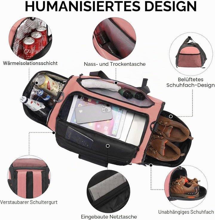Sporttasche Herren + Rucksack-Funktion, Reisetasche Damen Hellrosa, Hellrosa