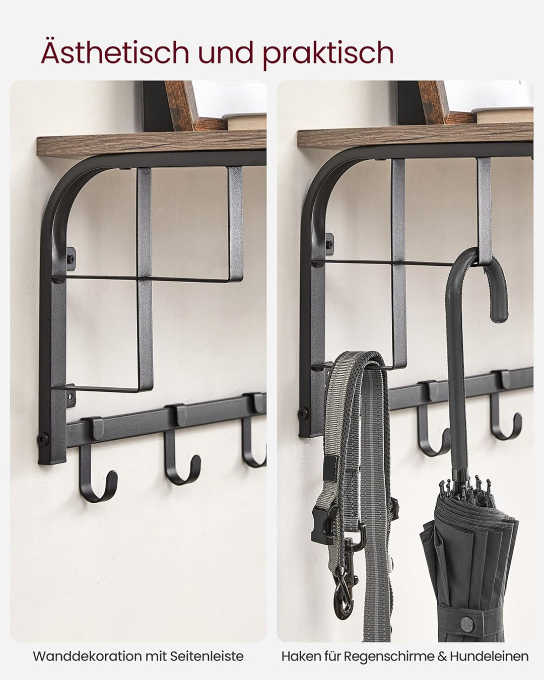VASAGLE Wandgarderobe mit Aufbewahrungsregal, Wandregal mit 5 abnehmbaren Haken, Hängeregal mit Klei