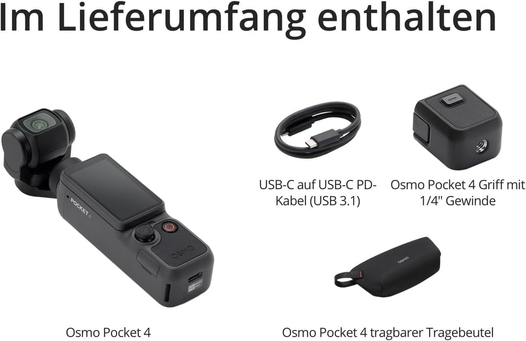 DJI Osmo Pocket 4 Essential Combo, Pocket Gimbal Vlog Kamera, 1″ CMOS und 4K/240fps, 3‑Achsen-Stabil
