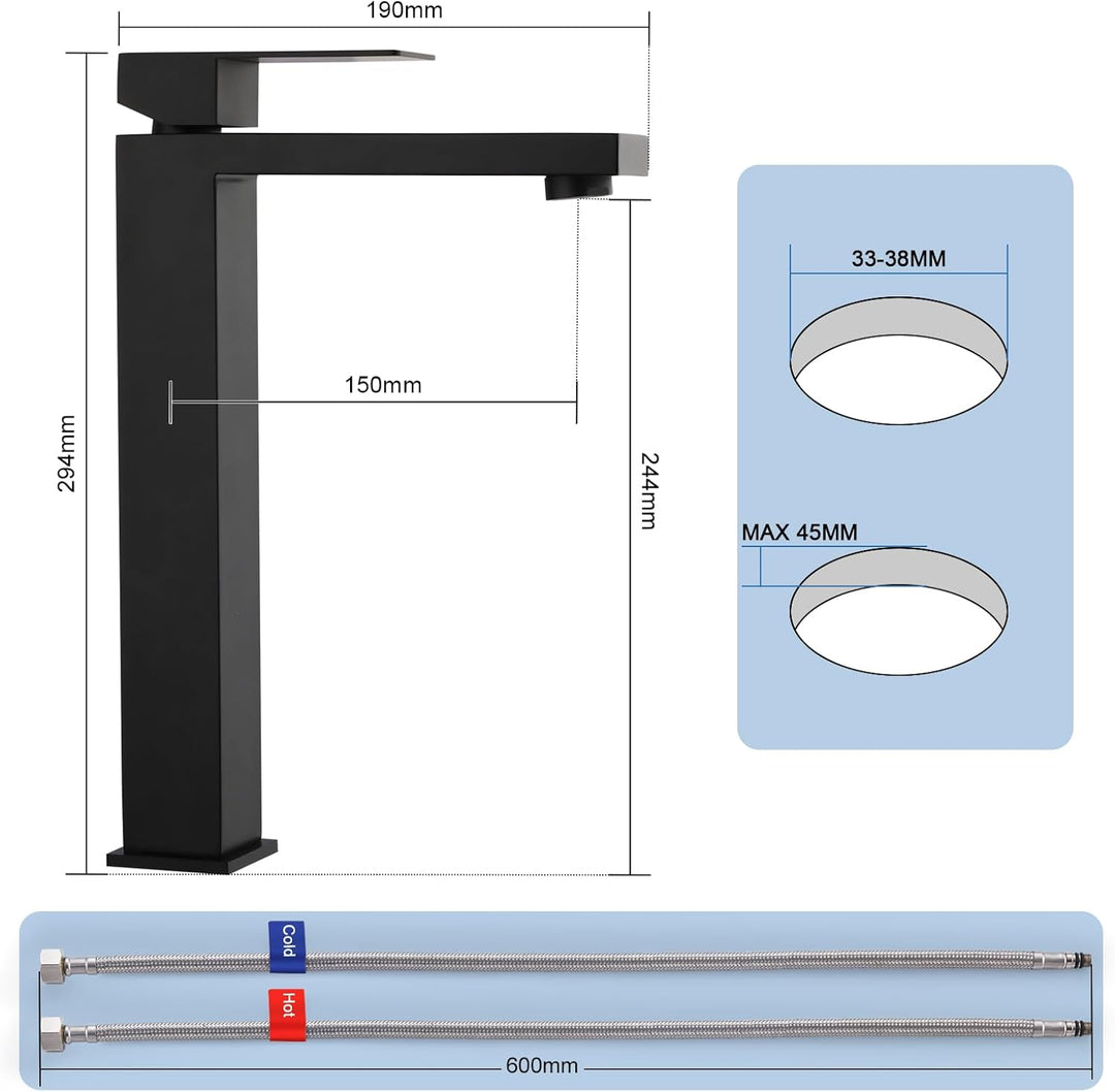 BONADE Waschtischarmatur Schwarz Hoch, Wasserhahn Bad Schwarz, 24cm hohem Auslauf waschbeckenarmatur