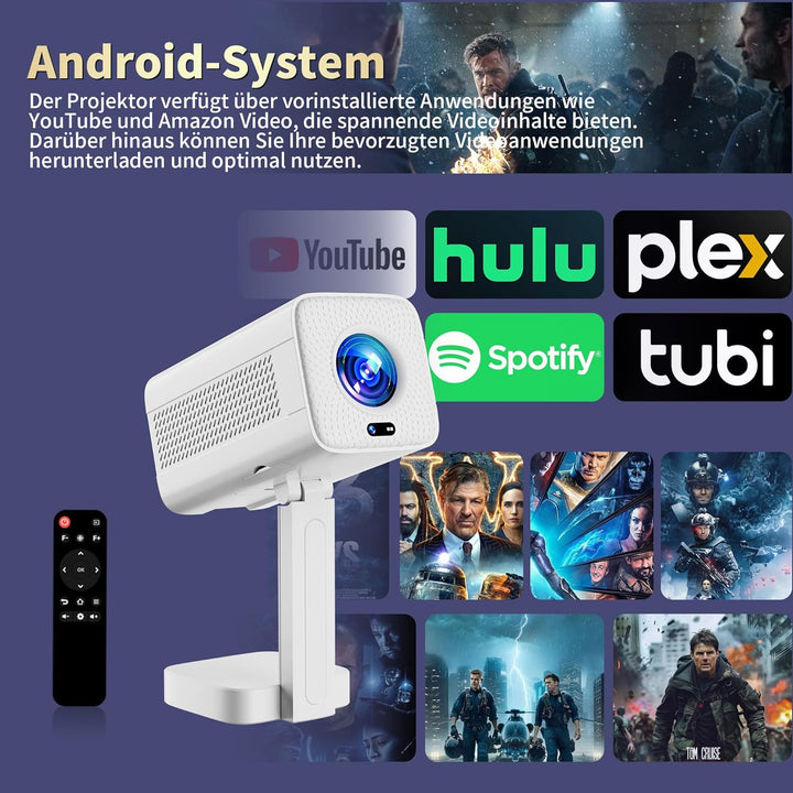 Mini Beamer Unterstützt 4K Full HD 1080P, Smart Beamer mit Auto Fokus & Keystone und 90° Drehbarkeit