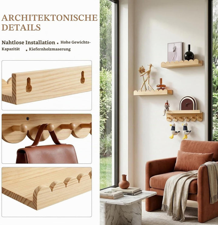 Wandregal Kinderzimmer 3er-Set Massivholz, Montessori Schwebregal 40cm mit sanften Rundungen, Bücher