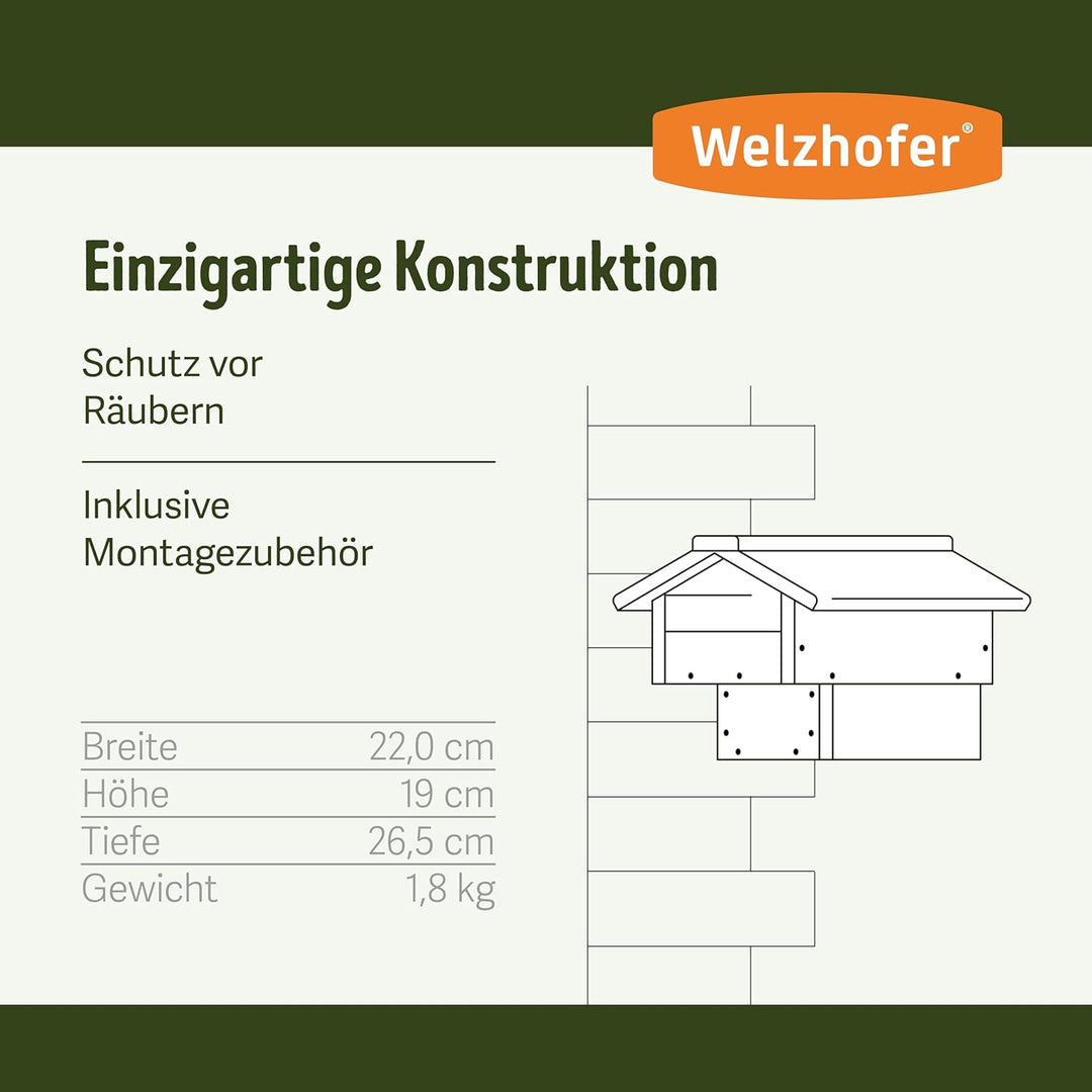 Welzhofer Nistkasten David, Halbhöhle Vogelhaus, handgemacht in Europa, für Hausrotschwänze, Bachste