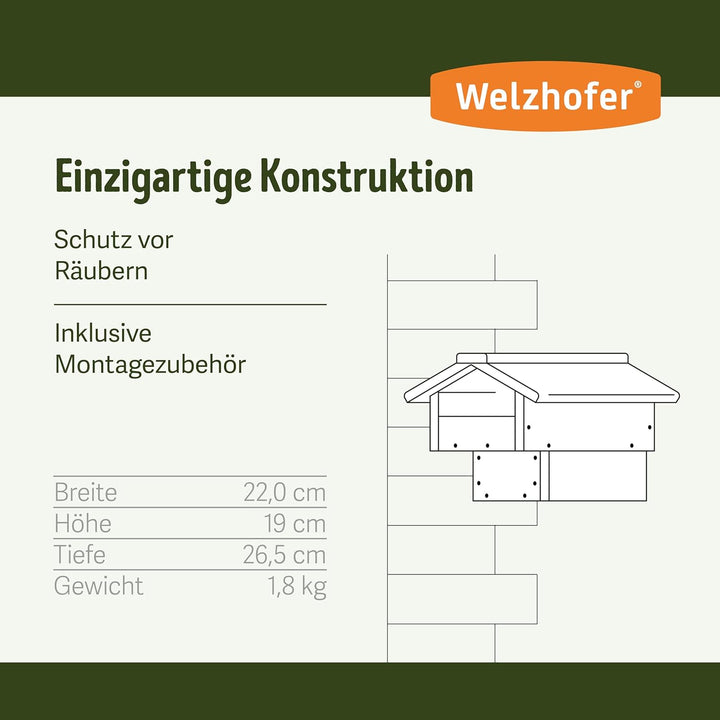 Welzhofer Nistkasten David, Halbhöhle Vogelhaus, handgemacht in Europa, für Hausrotschwänze, Bachste
