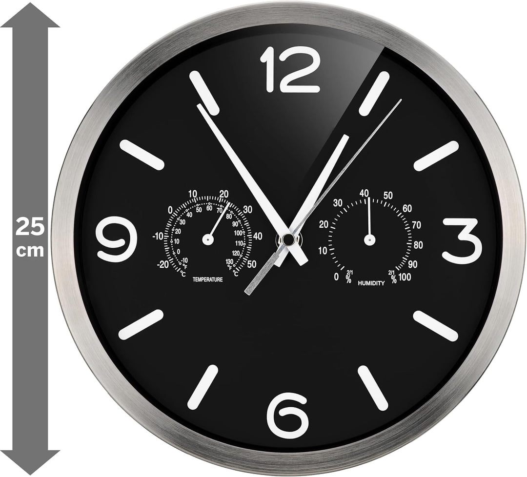 Bresser Funkuhr Wanduhr MyTime ND Thermo-Hygro mit geräuschlosem Funkuhrwerk, Edelstahlrahmen und An