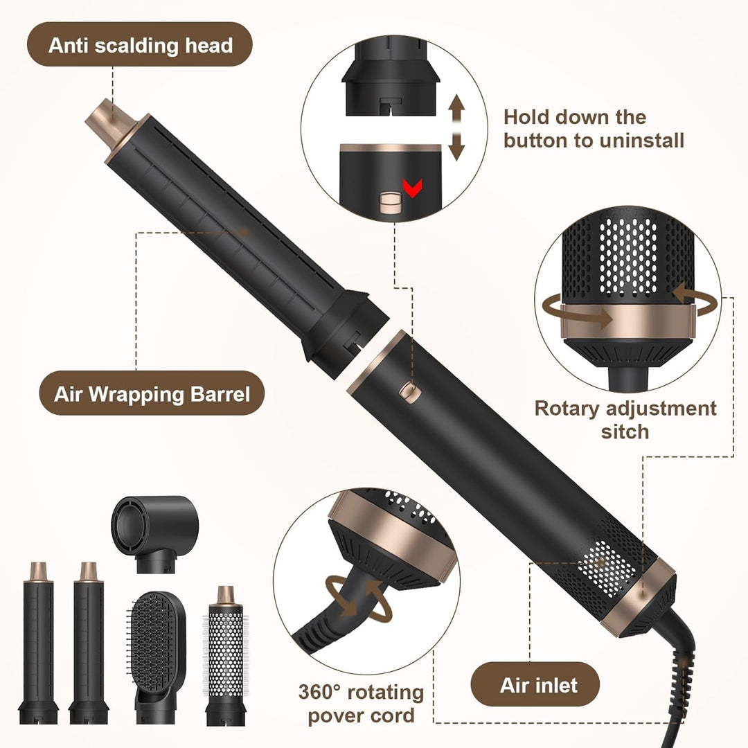 Hairstyler 5 in 1, Professioneller Haarstyler, Airstyler Set mit Auto Lockenstäbe, Föhn Ionen, Wärme