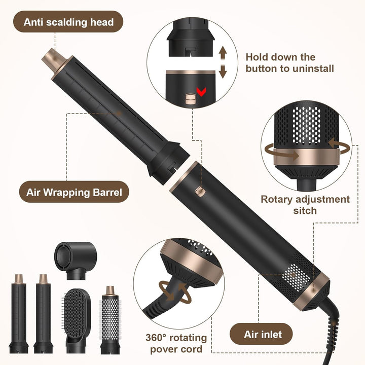 Hairstyler 5 in 1, Professioneller Haarstyler, Airstyler Set mit Auto Lockenstäbe, Föhn Ionen, Wärme