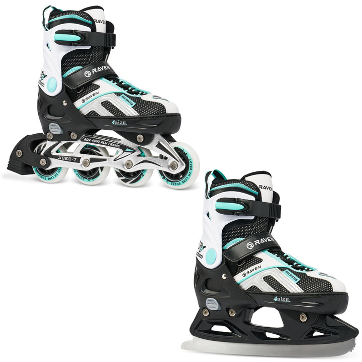 Raven Pulse Black/Mint 2in1 Verstellbare Schlittschuhe und Inline Skates - Inliner für Kinder und Er