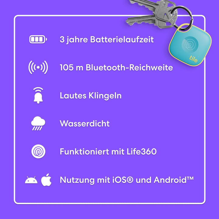 Tile by Life360 Mate - Bluetooth-Tracker, Schlüssel- und Gegenstandsfinder für Schlüssel, Taschen un