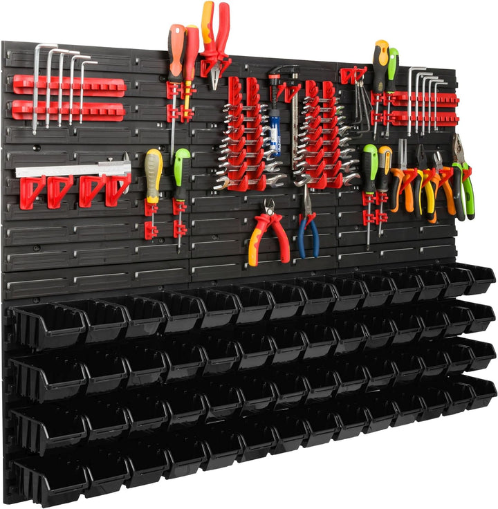 Lagersystem Werkstattregal | 117 x 78 cm | 56 stck. Box | Wandregal mit Werkzeughalterungen und Stap