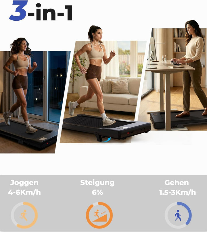 MJWW Walking Pad mit Steigung 6%, Laufband für Zuhause & Büro 136 KG mit Smart App 6 km/h & 12 km/h,