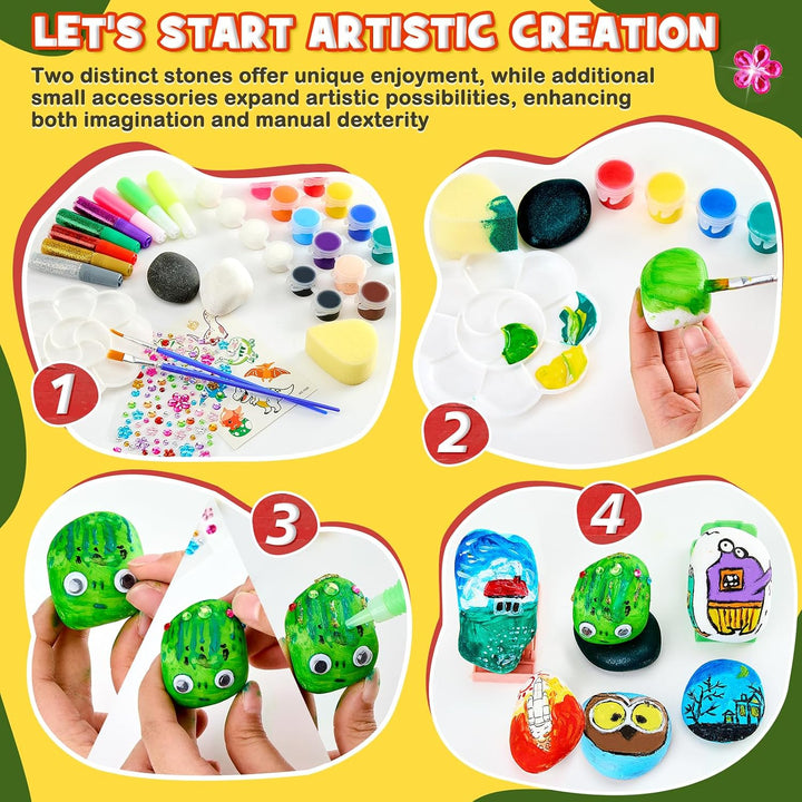UPDOKIT Steine Bemalen Set Kinder, Bastelset Kinder ab 6 7 8 9 10 Jahre mit Leuchtfarbe &amp; Aufklebern