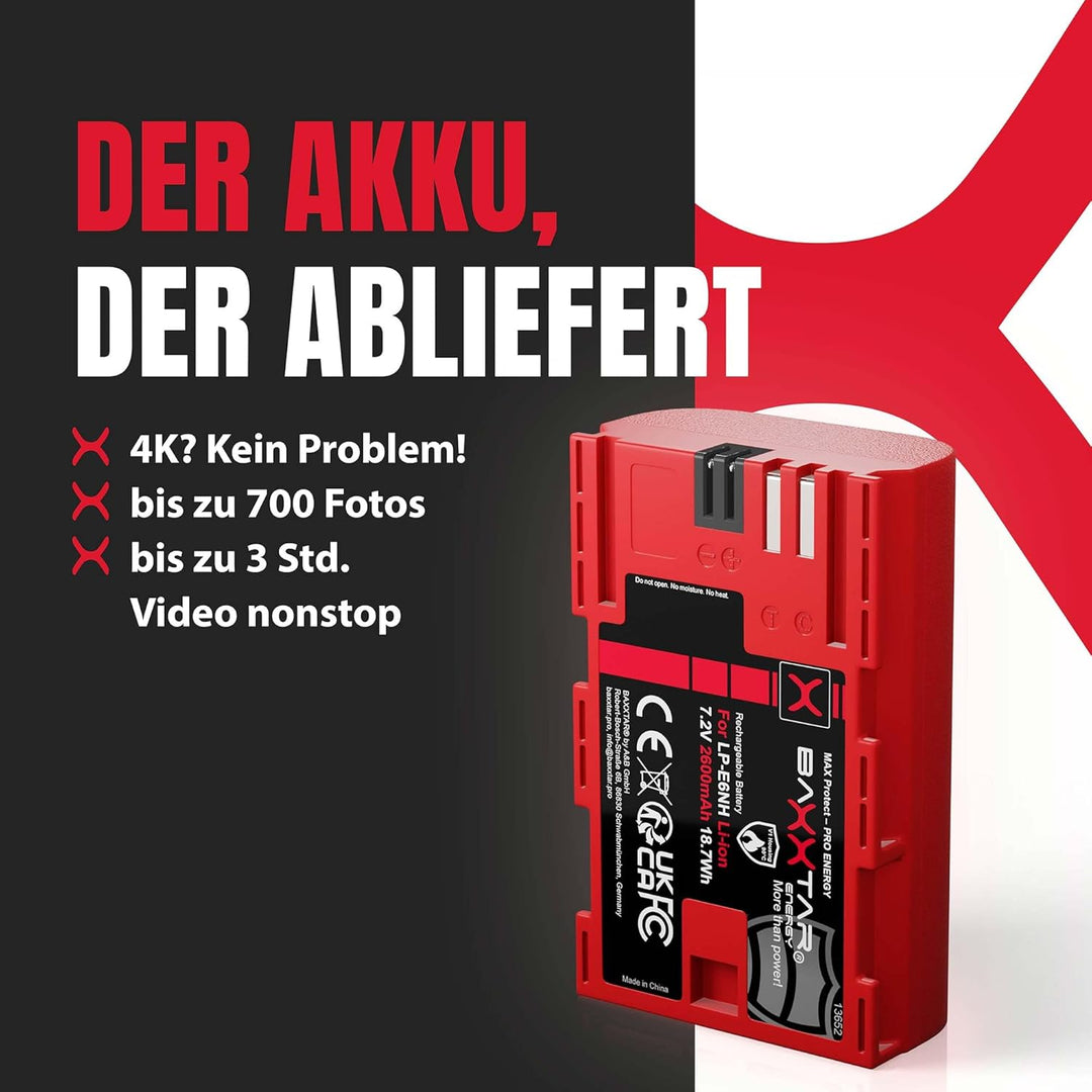 Baxxtar MaxProtect LP-E6NH Kamera-Akku (2400mAh) mit aktivem NTC-Sensor und V1 Schutzgehäuse - kompa