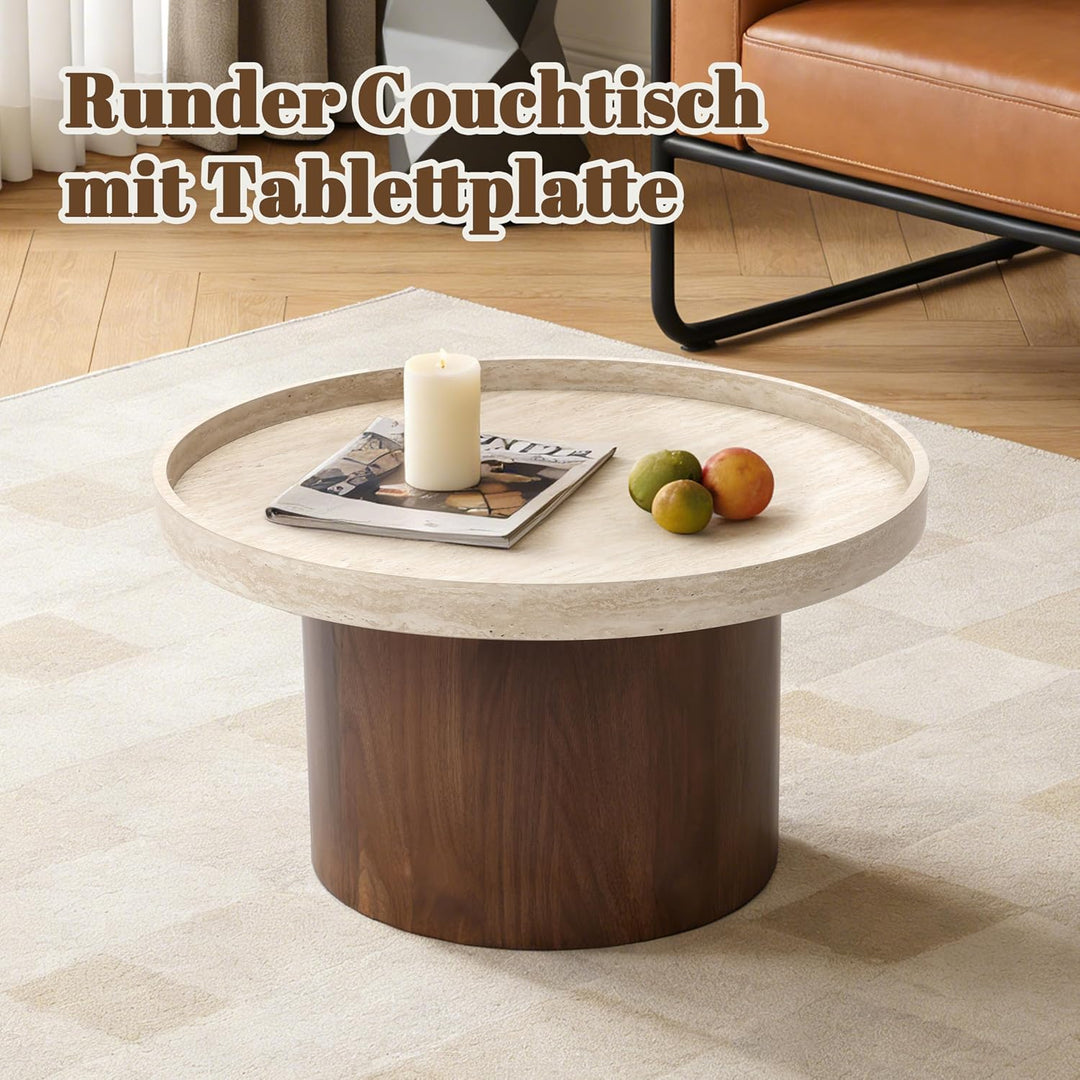 Hometopia Couchtisch rund 60 cm in Travertin-Optik mit Tablettplatte Dunkelbraun, Dunkelbraun