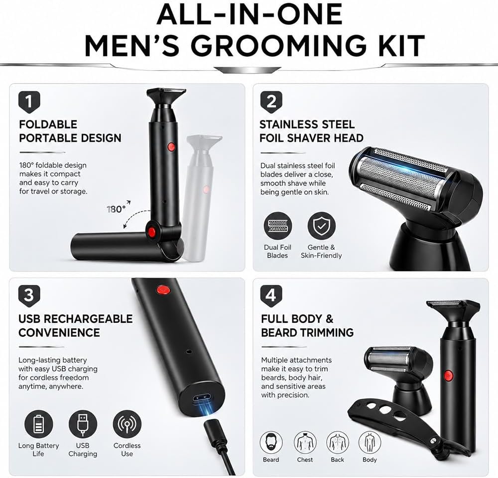 Rückenrasierer Herren, mit 2 Shock Absorber Flex Heads &amp; 10 Klingen | Multifunktional, USB, Drehzahl