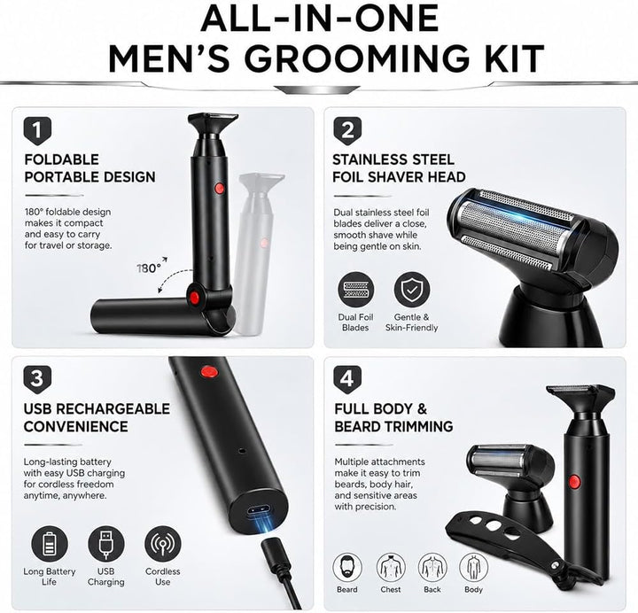 Rückenrasierer Herren, mit 2 Shock Absorber Flex Heads &amp; 10 Klingen | Multifunktional, USB, Drehzahl