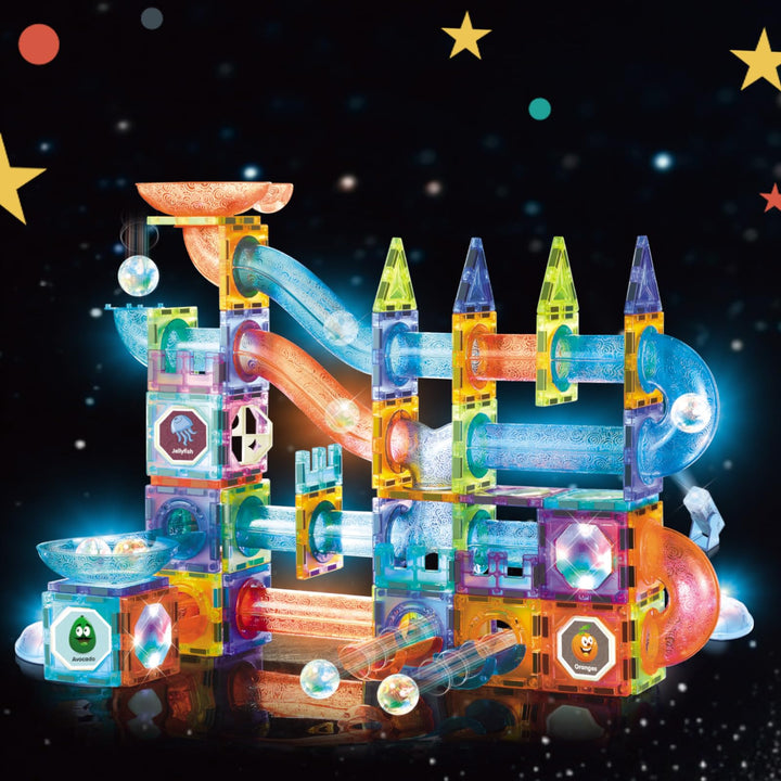 Magnetische Bausteine 144 Teile mit LED-Beleuchtung und Magnetkugelbahn,STEM Montessori-Lernspielzeu