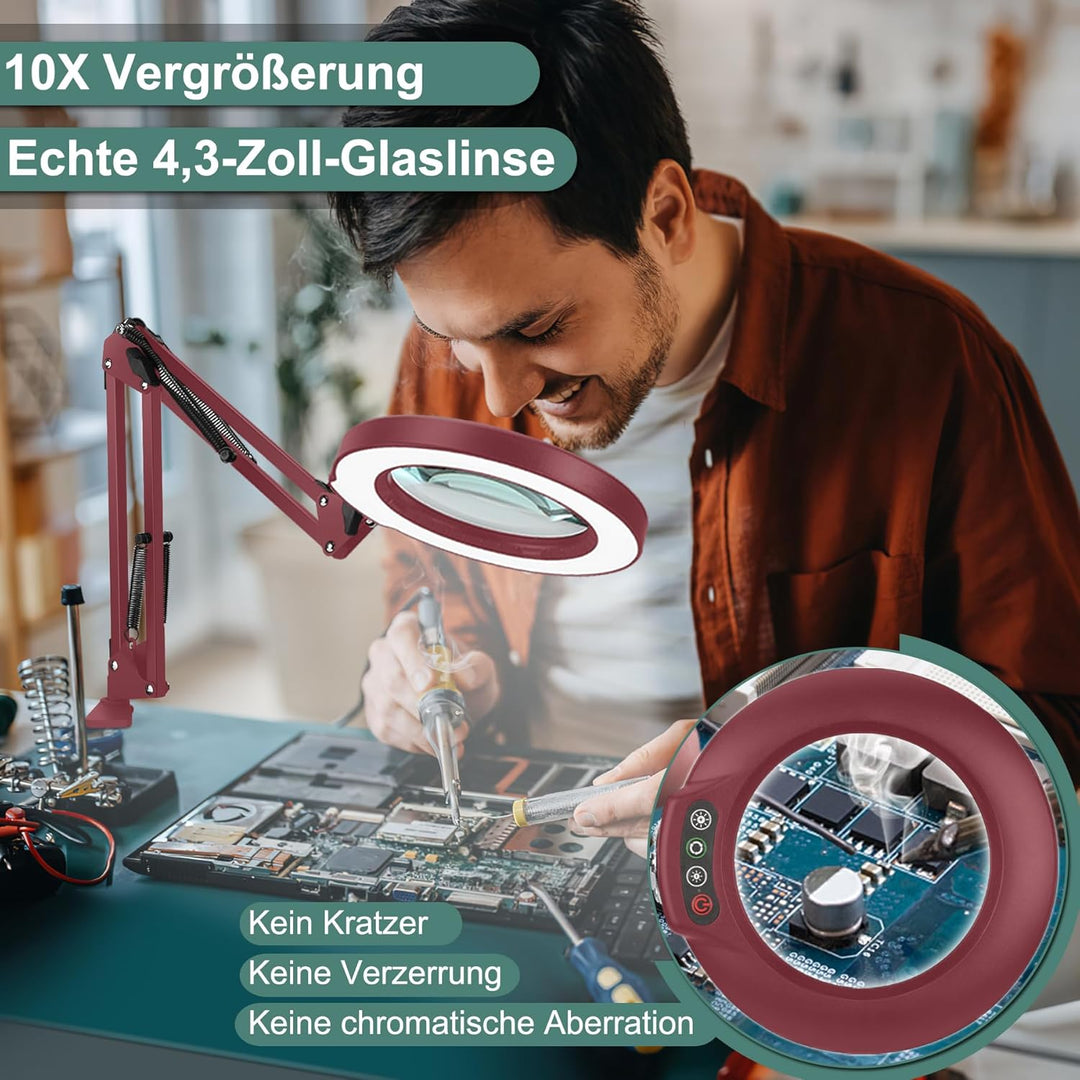 Veemagni 10X Echtes Glas Lupe mit Licht, 5 Farbmodi Stufenlos Dimmbar, Verstellbarer Schwenkarm LED