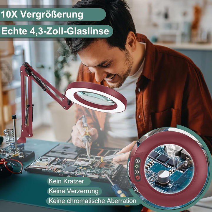 Veemagni 10X Echtes Glas Lupe mit Licht, 5 Farbmodi Stufenlos Dimmbar, Verstellbarer Schwenkarm LED