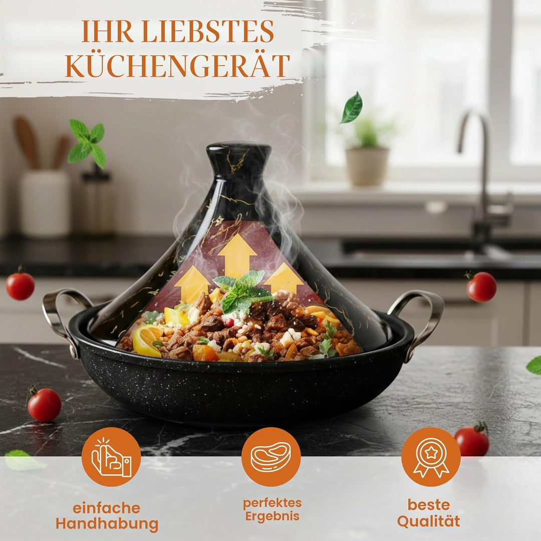 Royal Swiss Tajine 38 cm – Edelstahl mit Keramikdeckel & Dampfventil, Induktion & Alle Herdarten, En