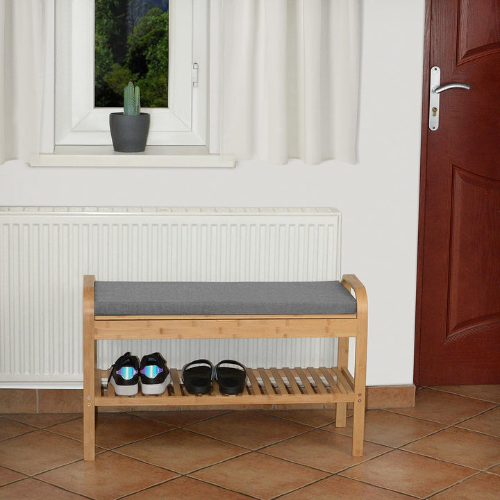 Bambus Schuhregal, Schuhregal aus Bambus mit Sitzbank, Schuhbank mit Sitzkissen, Sitzbank mit einer