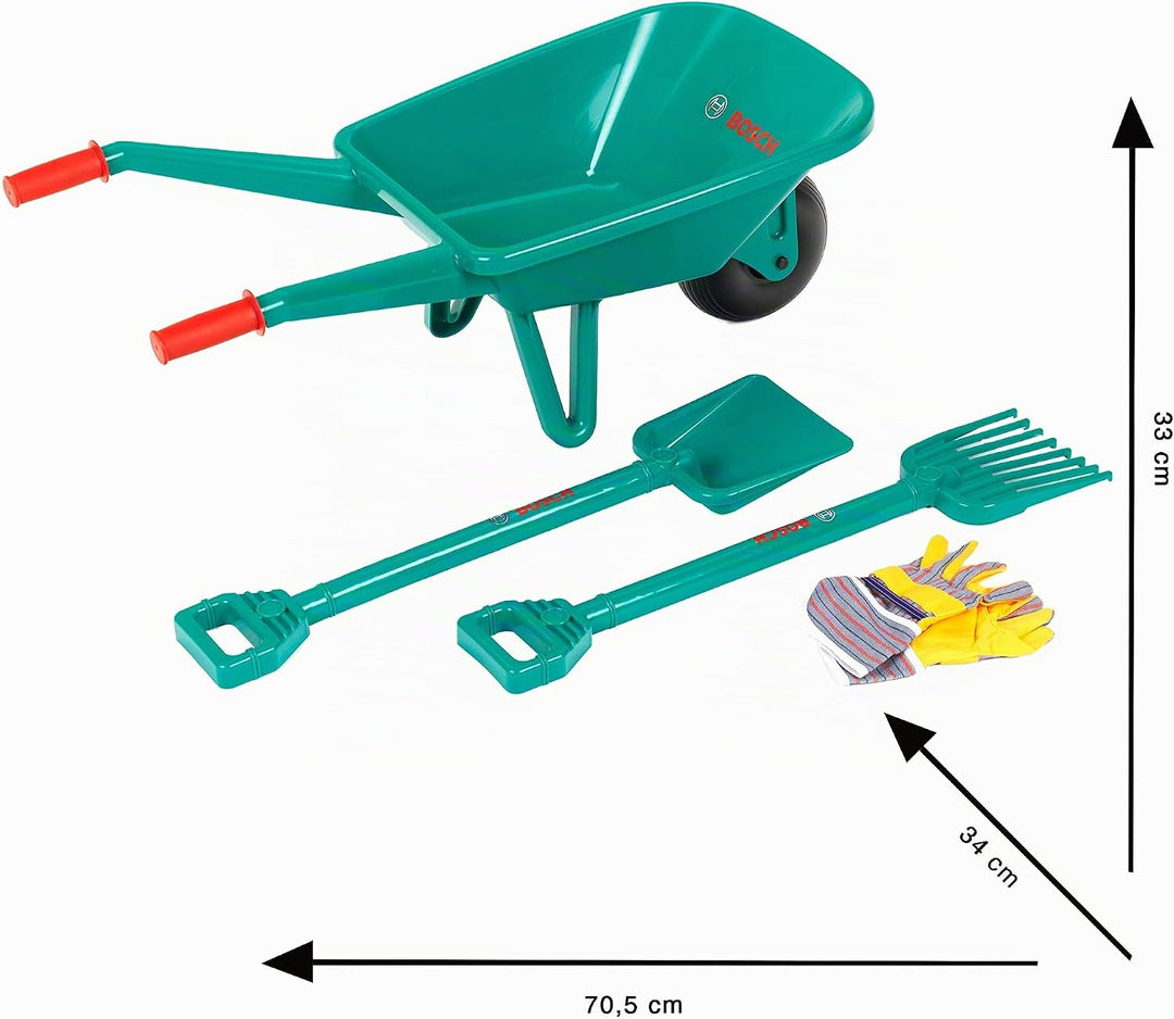 Theo Klein 2660 Bosch Gartenset mit Schubkarre | Mit Schaufel, Rechen und Arbeitshandschuhen | Masse