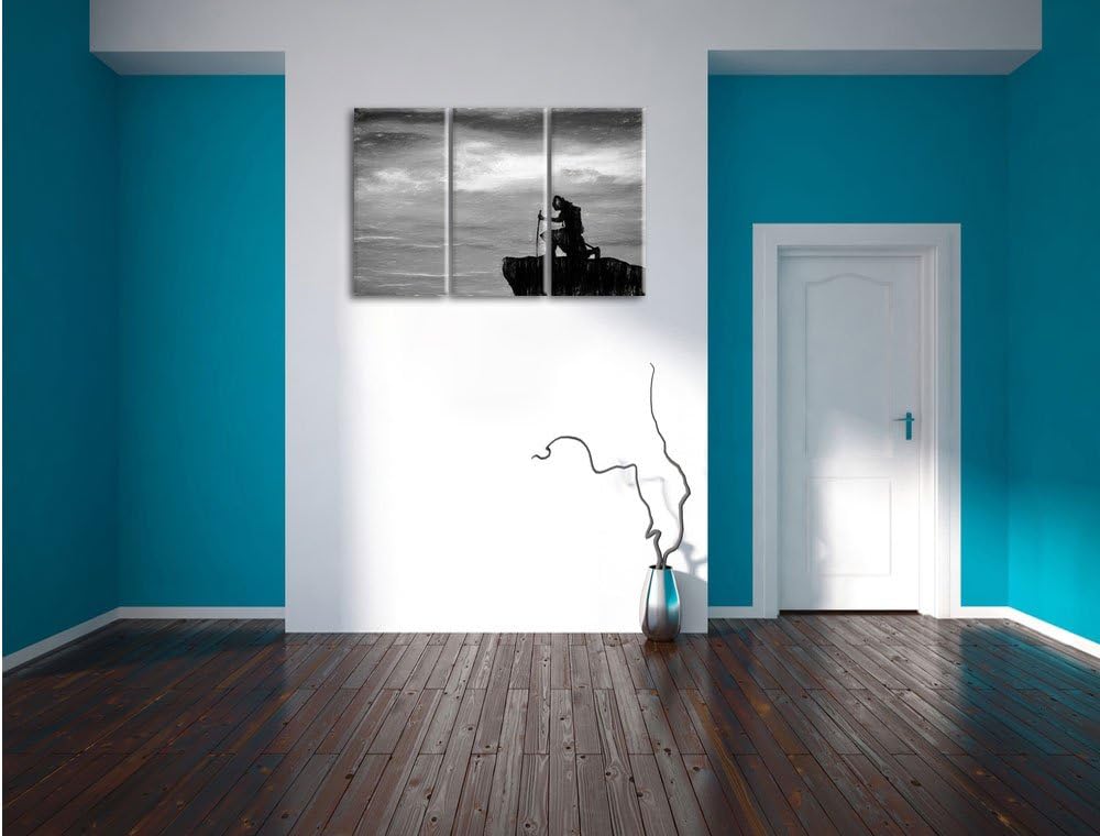 Pixxprint Samurai auf der Spitze des Berges / 3-Teilig/Gesamtmass 120cm Leinwandbild bespannt auf Ho