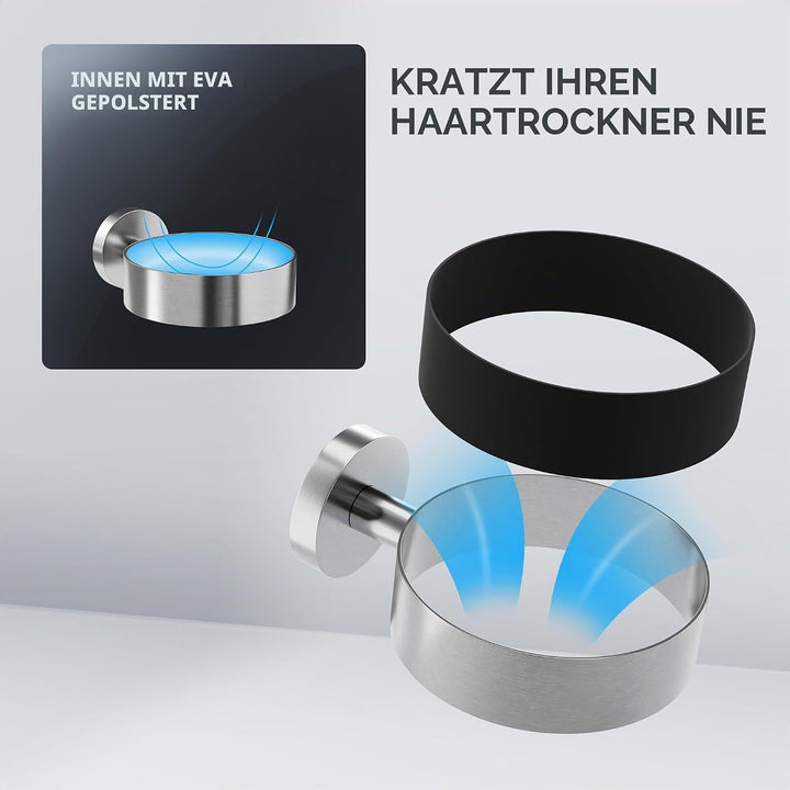 Haartrocknerhalter Ronne | Edelstahl | Silber | mit Wandmontage zum Bohren | mit Fönpolsterung | zum