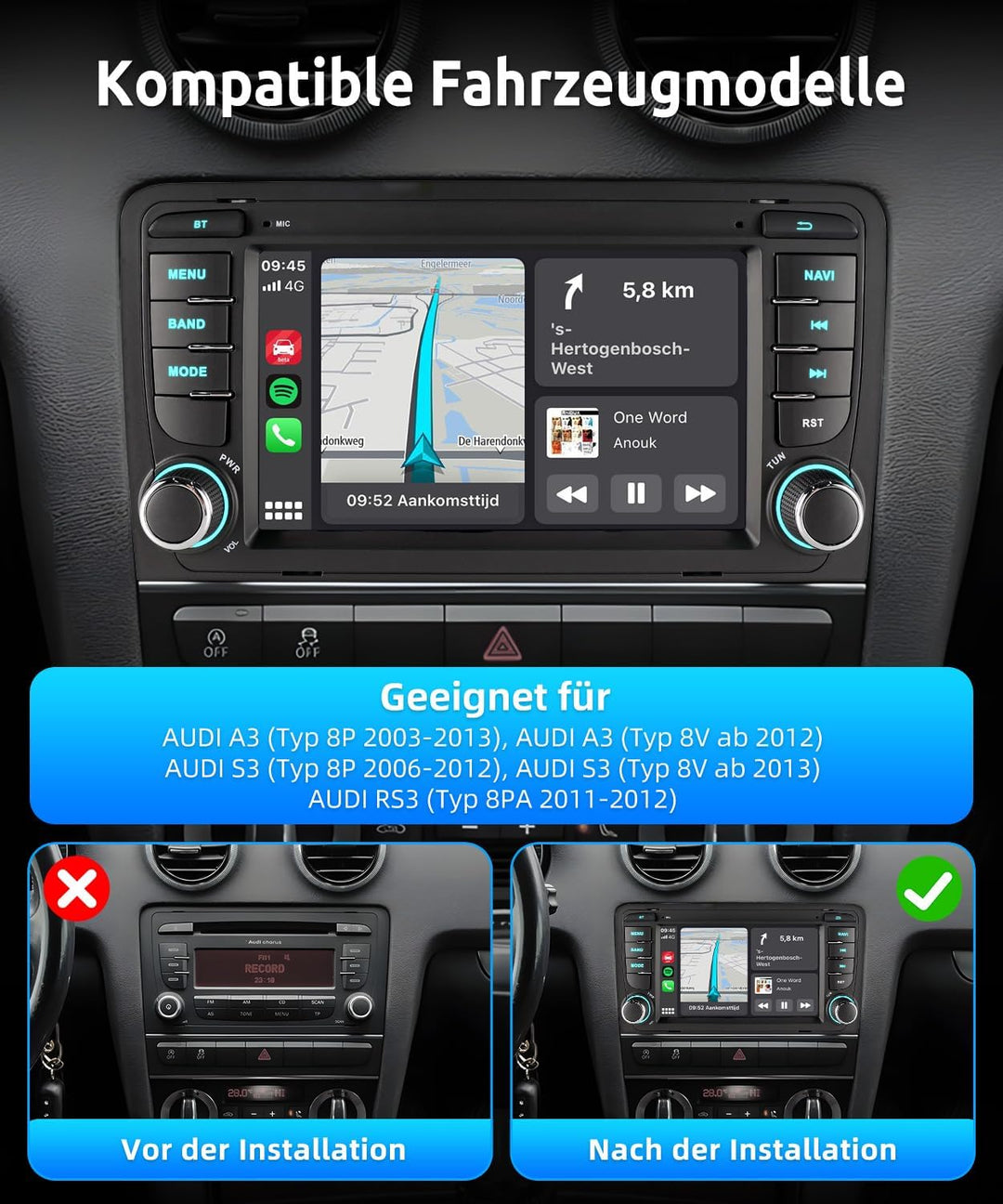 ESSGOO Autoradio für Audi A3 8P, S3 8P, RS3 8PA Black A3, Black A3