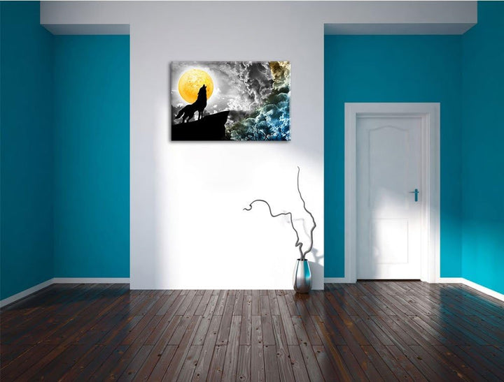 Dark Mystischer Wolf im Vollmond schwarz/weiss Format: 100x70 cm auf Leinwand, XXL riesige Bilder fe