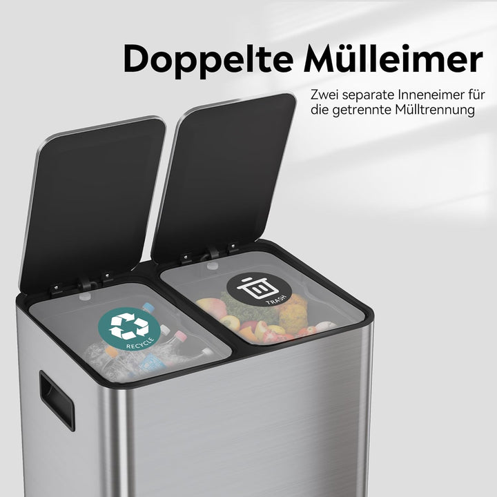 WLIVE Mülleimer Küche 30L, Mülltrennsystem mit 2 x 15L Fächern, Doppel Abfalleimer mit Treteimer, Ed