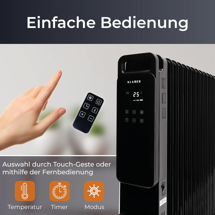KLAMER Ölradiator 2500 W, Elektroheizung energiesparend, 13 Rippen, 3 Heizstufen mit Eco-Modus, 24h