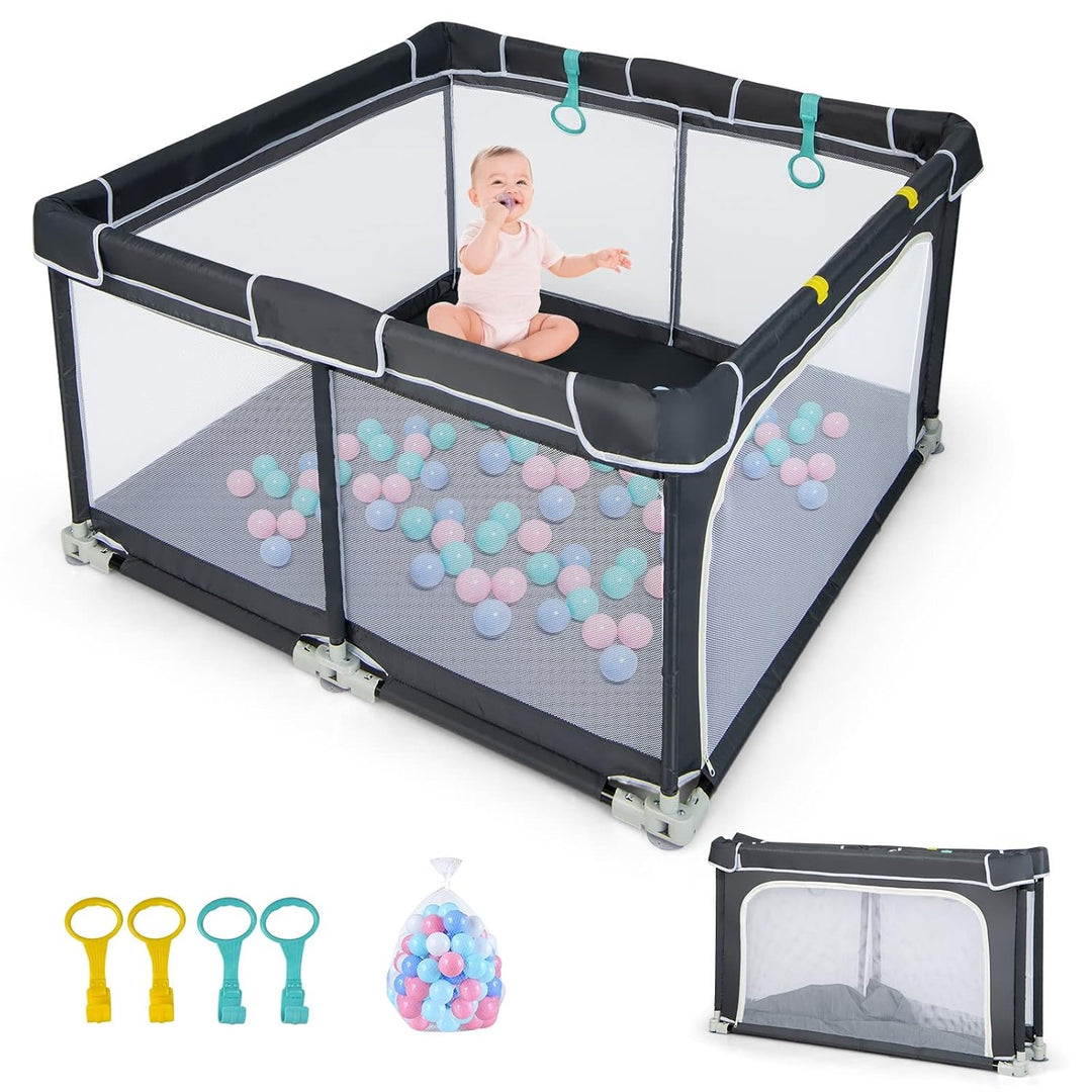 DREAMADE Laufstall Baby, 124 x 124 cm Laufgitter Klappbar mit 50 Spielbällen & 4 Zugringen, Schutzgi