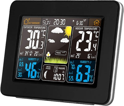 ALLOMN Kabellose Wetterstation, Farbdisplay LCD Digitale Wetterstation mit Sensor, Wecker, Temperatu