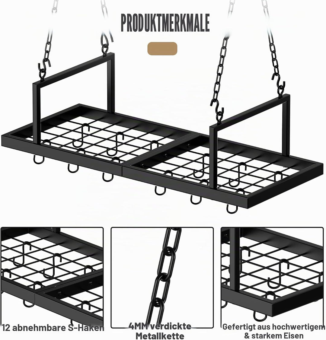 Hängendes Topfregal, 78,9 cm Topfaufhänger für Küche, Deckenmontage, Topfregal mit 12 abnehmbaren S-