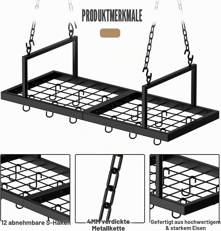Hängendes Topfregal, 78,9 cm Topfaufhänger für Küche, Deckenmontage, Topfregal mit 12 abnehmbaren S-