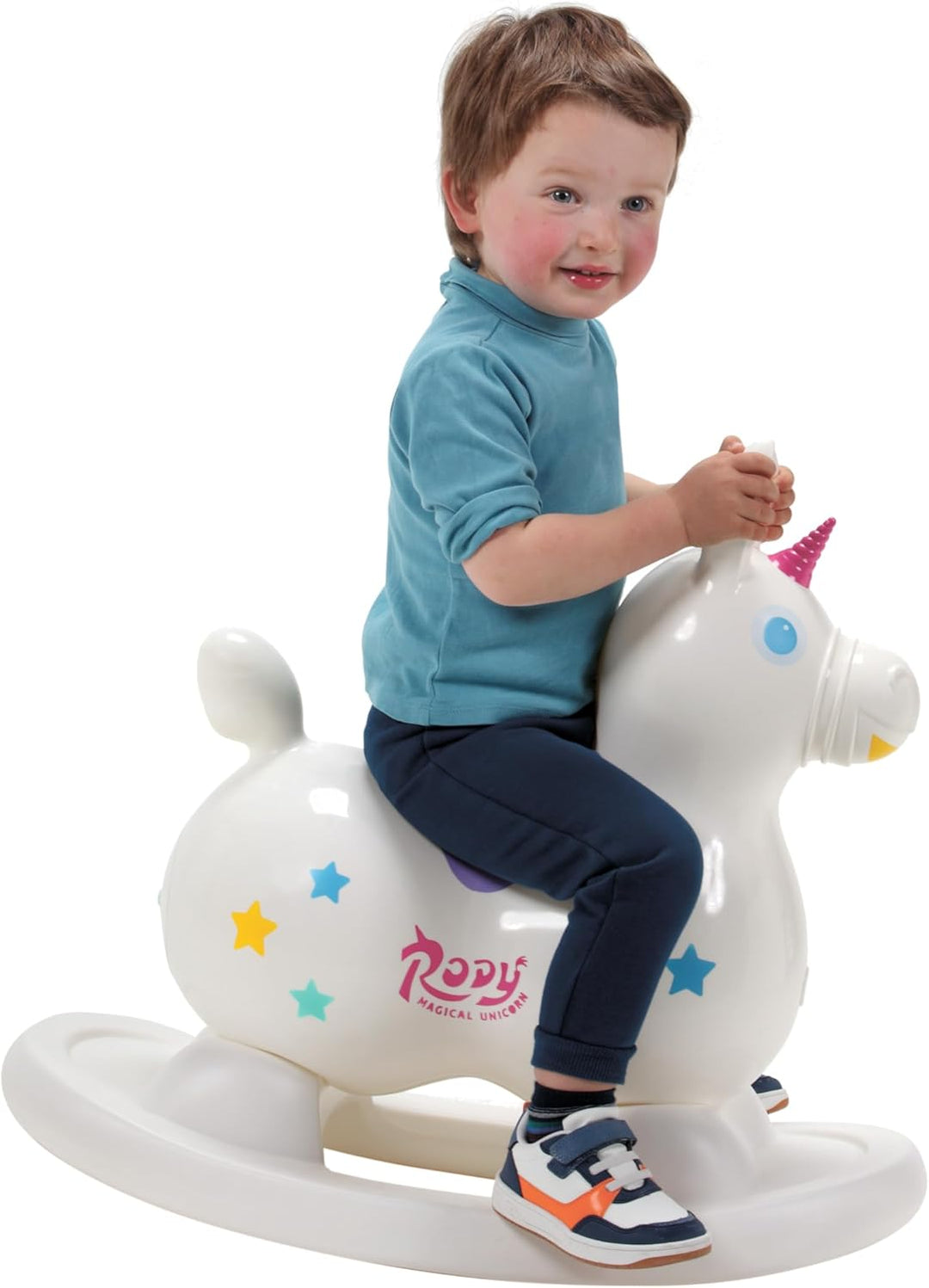 GYMNIC Rody Magisches Einhorn weiss – Aufblasbares Reiteinhorn für Kinder ab 3 Jahren, dynamisches u