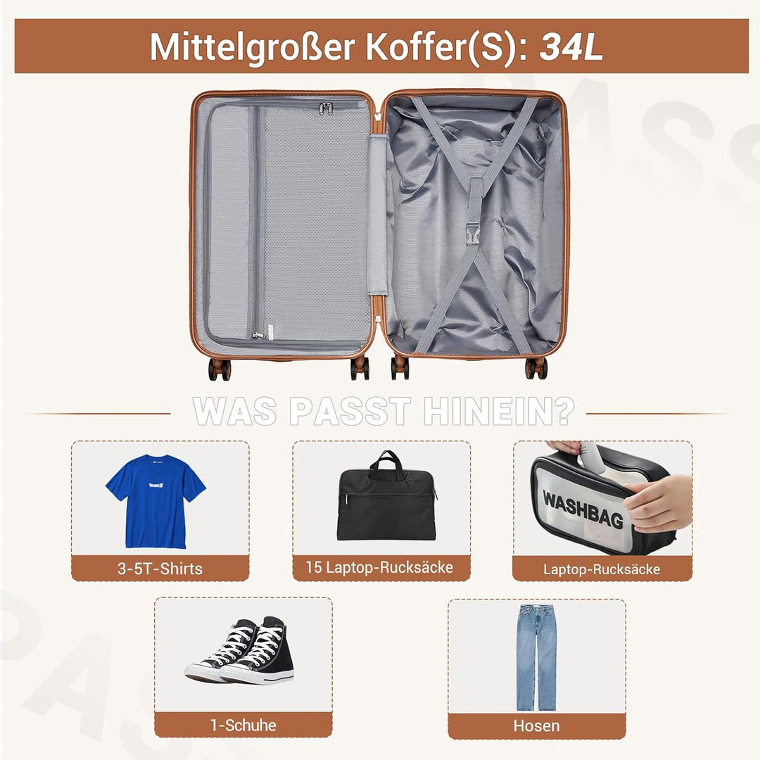 British Traveller Hartschalenkoffer Set mit Kosmetiktasche, Leichter Reisekoffer aus ABS+PC mit TSA-