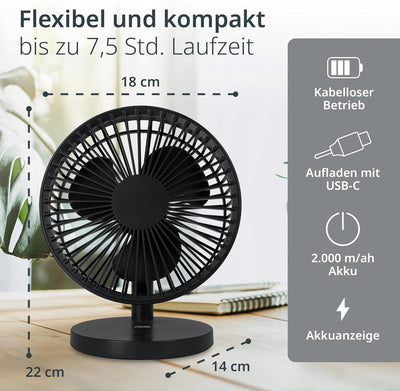 ADE Ventilator sehr leise | USB Tischventilator 3 Stufen | Akku bis 7,5 h Laufzeit | 2.000 mAh | 180