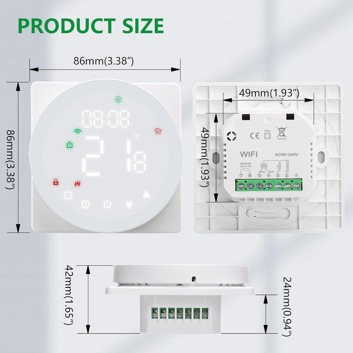 Wengart WiFi-Thermostat WG908, AC230V 5A 2,4 GHz TUYA APP Wochenprogrammierung mit Farb-LCD-Display,