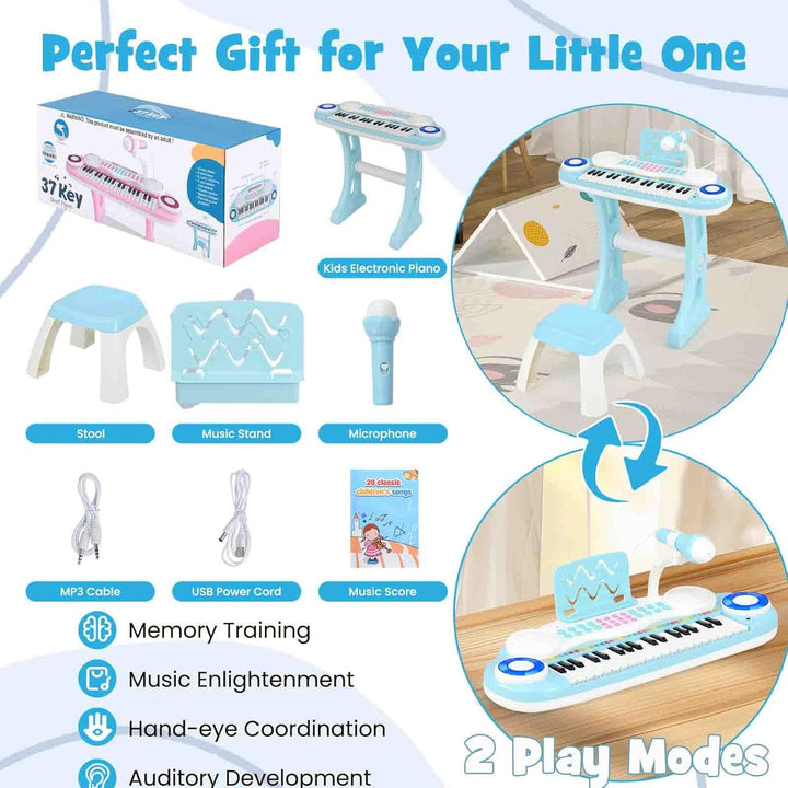 KOMFOTTEU 37 Tasten Kinderklavier Set, Elektronisches Klavier mit Lichteffekten und verstellbarem Mi