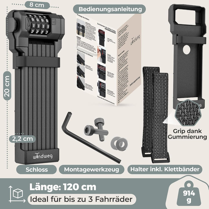 Faltschloss Fahrrad Diebstahlsicher [120cm] - Fahrradschloss hohe Sicherheit mit Halterung - Fahrrad