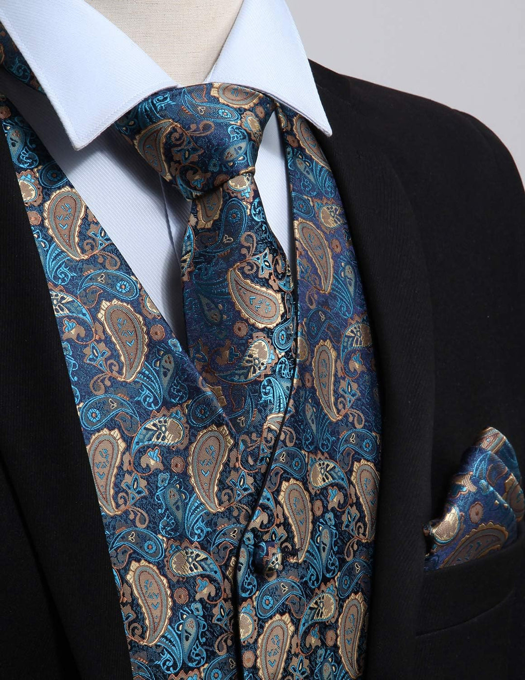 HISDERN Herren FLoral Hochzeit Weste Krawatte Einstecktuch Taschentuch Jacquard Weste Anzug Set XXL