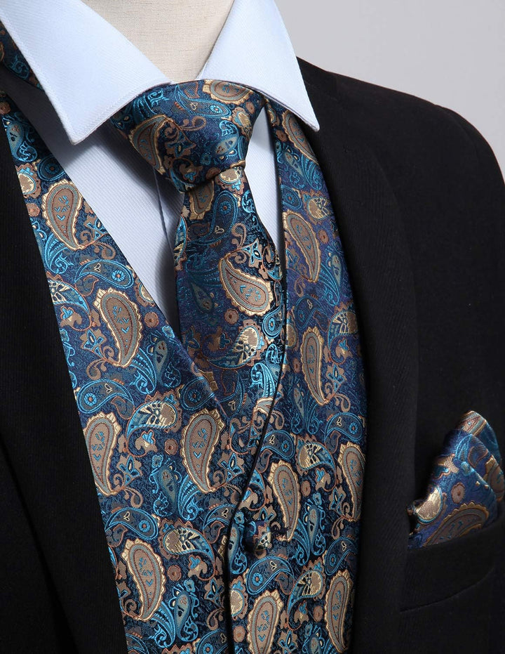 HISDERN Herren FLoral Hochzeit Weste Krawatte Einstecktuch Taschentuch Jacquard Weste Anzug Set XXL