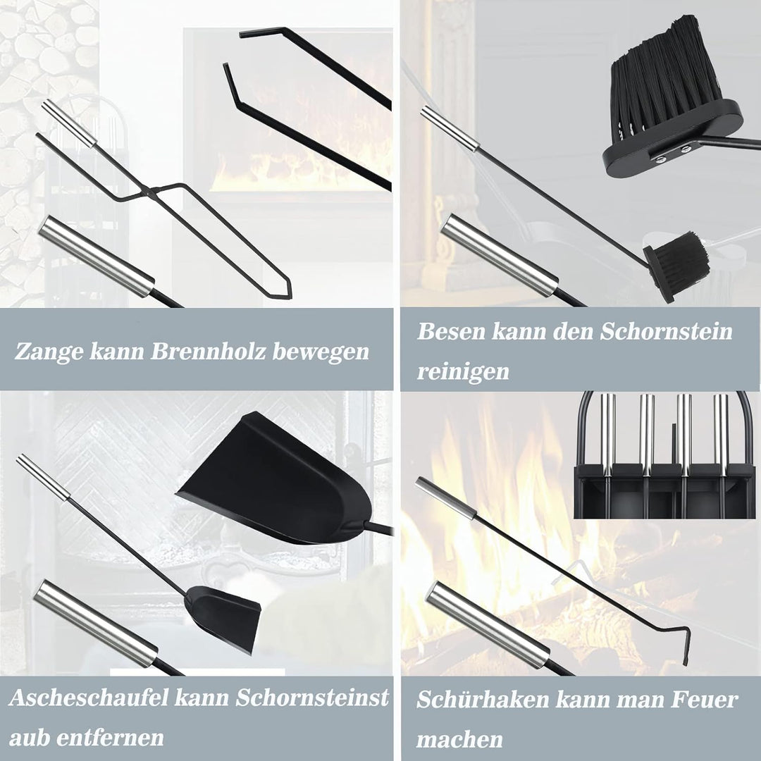 5tlg Kaminbesteck Edelstahl Kamingarnitur Gute Hitzebeständigkeit, Praktisch und schön Einschliessli