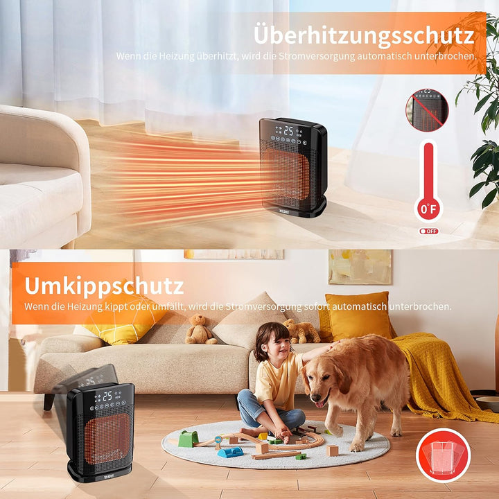 YASHE Heizlüfter, 1800W PTC Keramik-Heizlüfter, Elektrischer Heizung Energieeffizient, 75 ° Oszillat