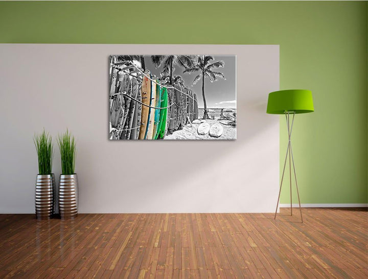 bunter Surfboards am Strand schwarz/weiss Format: 100x70 auf Leinwand, XXL riesige Bilder fertig ger
